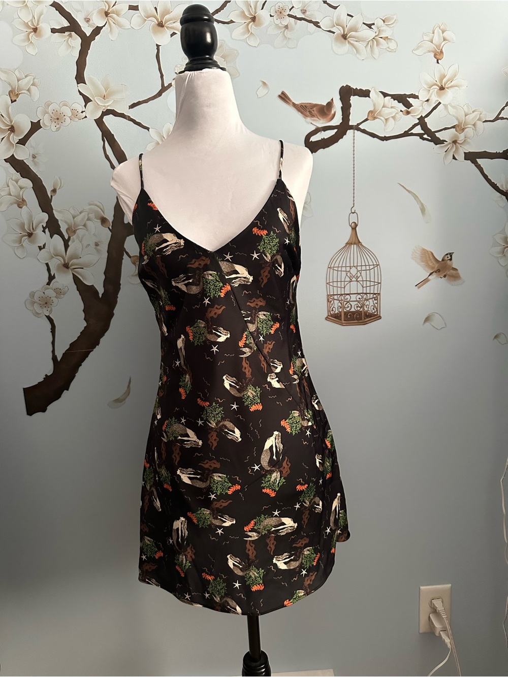 Black Satin Slip Dress with Mermaid Print